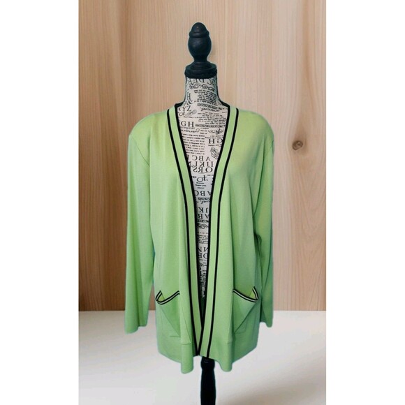 Exclusively Misook Sz M Green Black Knit Blazer Jacket W/ Pockets Open Front - Picture 1 of 13